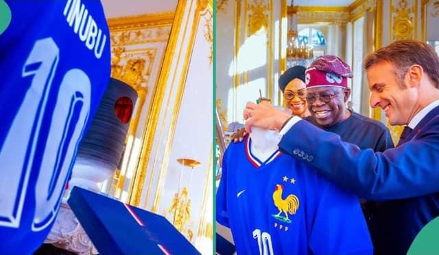 FRENCH PRESIDENT EMMANUEL MACRON PRESENTS CUSTOMIZED JERSEY TO NIGERIAN PRESIDENT BOLA TINUBU